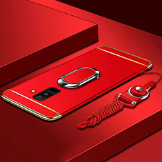 Luxury Metal Frame and Plastic Back Cover with Finger Ring Stand and Lanyard for Samsung Galaxy A6 Plus (2018) Red