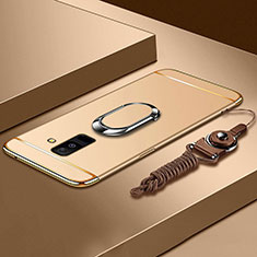 Luxury Metal Frame and Plastic Back Cover with Finger Ring Stand and Lanyard for Samsung Galaxy A6 Plus Gold