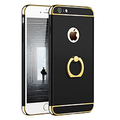 Luxury Metal Frame and Plastic Back Cover with Finger Ring Stand for Apple iPhone 6 Plus Black