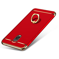 Luxury Metal Frame and Plastic Back Cover with Finger Ring Stand for Samsung Galaxy J7 Plus Red