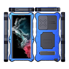 Silicone and Plastic Waterproof Cover Case 360 Degrees Underwater Shell with Stand T02 for Samsung Galaxy S22 Ultra 5G Blue