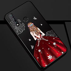 Silicone Candy Rubber Gel Dress Party Girl Soft Case Cover for Huawei Nova 5i Red and Black