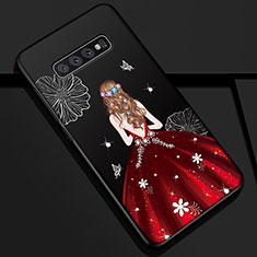 Silicone Candy Rubber Gel Dress Party Girl Soft Case Cover K01 for Samsung Galaxy S10 Plus Red and Black
