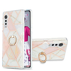 Silicone Candy Rubber Gel Fashionable Pattern Soft Case Cover with Finger Ring Stand Y01B for LG Velvet 5G Pink