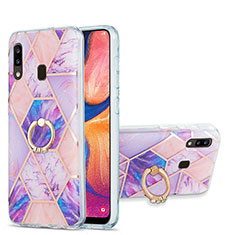 Silicone Candy Rubber Gel Fashionable Pattern Soft Case Cover with Finger Ring Stand Y01B for Samsung Galaxy A20 Clove Purple