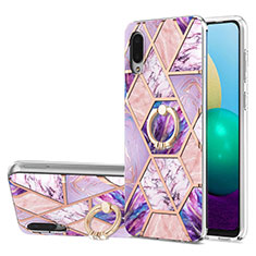 Silicone Candy Rubber Gel Fashionable Pattern Soft Case Cover with Finger Ring Stand Y01B for Samsung Galaxy M02 Clove Purple