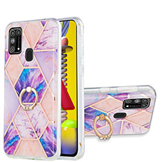 Silicone Candy Rubber Gel Fashionable Pattern Soft Case Cover with Finger Ring Stand Y01B for Samsung Galaxy M21s Clove Purple