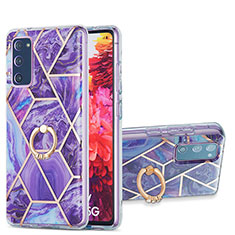 Silicone Candy Rubber Gel Fashionable Pattern Soft Case Cover with Finger Ring Stand Y01B for Samsung Galaxy S20 FE 4G Purple