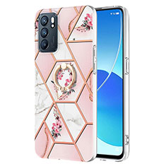 Silicone Candy Rubber Gel Fashionable Pattern Soft Case Cover with Finger Ring Stand Y02B for Oppo Reno6 5G Pink