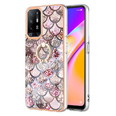 Silicone Candy Rubber Gel Fashionable Pattern Soft Case Cover with Finger Ring Stand Y03B for Oppo F19 Pro+ Plus 5G Brown