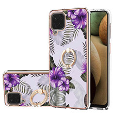 Silicone Candy Rubber Gel Fashionable Pattern Soft Case Cover with Finger Ring Stand Y03B for Samsung Galaxy M12 Purple