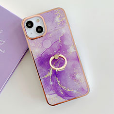 Silicone Candy Rubber Gel Fashionable Pattern Soft Case Cover with Finger Ring Stand Y05B for Apple iPhone 13 Purple