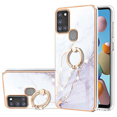 Silicone Candy Rubber Gel Fashionable Pattern Soft Case Cover with Finger Ring Stand Y05B for Samsung Galaxy A21s White