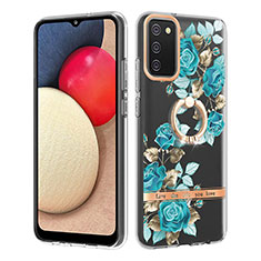 Silicone Candy Rubber Gel Fashionable Pattern Soft Case Cover with Finger Ring Stand Y06B for Samsung Galaxy A02s Cyan