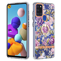 Silicone Candy Rubber Gel Fashionable Pattern Soft Case Cover with Finger Ring Stand Y06B for Samsung Galaxy A21s Clove Purple