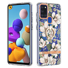 Silicone Candy Rubber Gel Fashionable Pattern Soft Case Cover with Finger Ring Stand Y06B for Samsung Galaxy A21s White