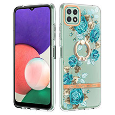 Silicone Candy Rubber Gel Fashionable Pattern Soft Case Cover with Finger Ring Stand Y06B for Samsung Galaxy A22 5G Cyan