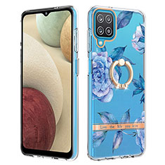 Silicone Candy Rubber Gel Fashionable Pattern Soft Case Cover with Finger Ring Stand Y06B for Samsung Galaxy M12 Blue