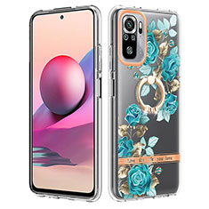 Silicone Candy Rubber Gel Fashionable Pattern Soft Case Cover with Finger Ring Stand Y06B for Xiaomi Redmi Note 10 4G Cyan