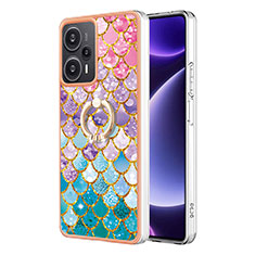 Silicone Candy Rubber Gel Fashionable Pattern Soft Case Cover with Finger Ring Stand YB3 for Xiaomi Poco F5 5G Colorful