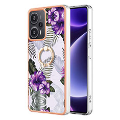 Silicone Candy Rubber Gel Fashionable Pattern Soft Case Cover with Finger Ring Stand YB3 for Xiaomi Poco F5 5G Purple