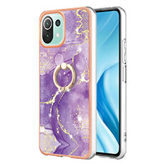 Silicone Candy Rubber Gel Fashionable Pattern Soft Case Cover with Finger Ring Stand YB5 for Xiaomi Mi 11 Lite 4G Purple