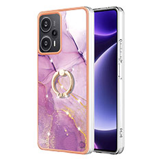 Silicone Candy Rubber Gel Fashionable Pattern Soft Case Cover with Finger Ring Stand YB5 for Xiaomi Poco F5 5G Clove Purple