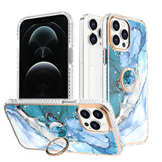 Silicone Candy Rubber Gel Fashionable Pattern Soft Case Cover with Finger Ring Stand YJ1 for Apple iPhone 13 Pro Max Blue