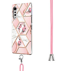 Silicone Candy Rubber Gel Fashionable Pattern Soft Case Cover with Lanyard Strap Y01B for LG Velvet 4G Pink
