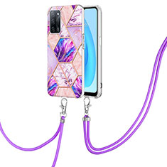 Silicone Candy Rubber Gel Fashionable Pattern Soft Case Cover with Lanyard Strap Y01B for Oppo A53s 5G Clove Purple