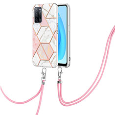 Silicone Candy Rubber Gel Fashionable Pattern Soft Case Cover with Lanyard Strap Y01B for Oppo A53s 5G Pink