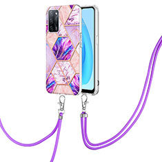 Silicone Candy Rubber Gel Fashionable Pattern Soft Case Cover with Lanyard Strap Y01B for Oppo A55 5G Clove Purple