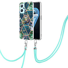 Silicone Candy Rubber Gel Fashionable Pattern Soft Case Cover with Lanyard Strap Y01B for Oppo A96 4G Midnight Green