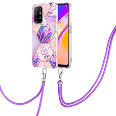 Silicone Candy Rubber Gel Fashionable Pattern Soft Case Cover with Lanyard Strap Y01B for Oppo F19 Pro+ Plus 5G Clove Purple