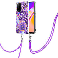 Silicone Candy Rubber Gel Fashionable Pattern Soft Case Cover with Lanyard Strap Y01B for Oppo Reno5 Z 5G Purple