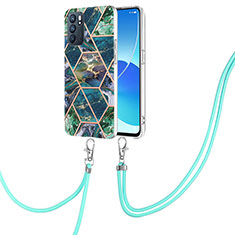 Silicone Candy Rubber Gel Fashionable Pattern Soft Case Cover with Lanyard Strap Y01B for Oppo Reno6 5G Midnight Green