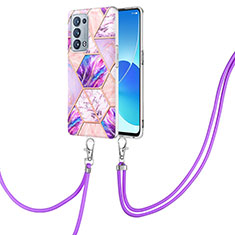 Silicone Candy Rubber Gel Fashionable Pattern Soft Case Cover with Lanyard Strap Y01B for Oppo Reno6 Pro+ Plus 5G Clove Purple