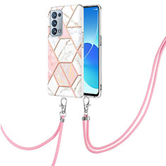 Silicone Candy Rubber Gel Fashionable Pattern Soft Case Cover with Lanyard Strap Y01B for Oppo Reno6 Pro+ Plus 5G Pink