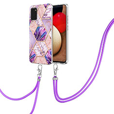 Silicone Candy Rubber Gel Fashionable Pattern Soft Case Cover with Lanyard Strap Y01B for Samsung Galaxy A02s Clove Purple