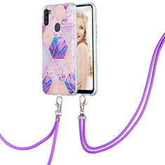 Silicone Candy Rubber Gel Fashionable Pattern Soft Case Cover with Lanyard Strap Y01B for Samsung Galaxy A11 Clove Purple
