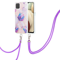 Silicone Candy Rubber Gel Fashionable Pattern Soft Case Cover with Lanyard Strap Y01B for Samsung Galaxy A12 Clove Purple