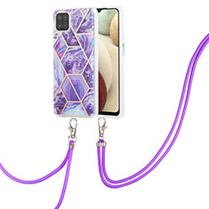 Silicone Candy Rubber Gel Fashionable Pattern Soft Case Cover with Lanyard Strap Y01B for Samsung Galaxy A12 Nacho Purple