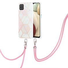 Silicone Candy Rubber Gel Fashionable Pattern Soft Case Cover with Lanyard Strap Y01B for Samsung Galaxy A12 Pink