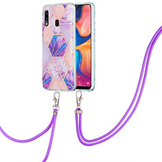 Silicone Candy Rubber Gel Fashionable Pattern Soft Case Cover with Lanyard Strap Y01B for Samsung Galaxy A20 Clove Purple