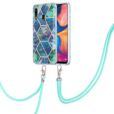Silicone Candy Rubber Gel Fashionable Pattern Soft Case Cover with Lanyard Strap Y01B for Samsung Galaxy A20 Midnight Green
