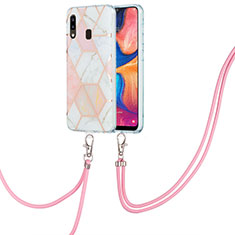 Silicone Candy Rubber Gel Fashionable Pattern Soft Case Cover with Lanyard Strap Y01B for Samsung Galaxy A20 Pink
