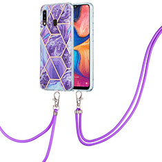 Silicone Candy Rubber Gel Fashionable Pattern Soft Case Cover with Lanyard Strap Y01B for Samsung Galaxy A20 Purple