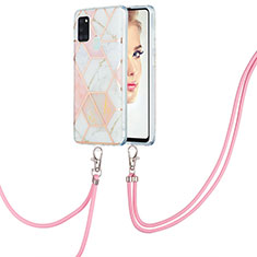 Silicone Candy Rubber Gel Fashionable Pattern Soft Case Cover with Lanyard Strap Y01B for Samsung Galaxy A21s Pink