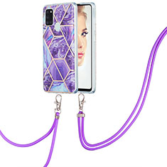 Silicone Candy Rubber Gel Fashionable Pattern Soft Case Cover with Lanyard Strap Y01B for Samsung Galaxy A21s Purple