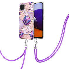 Silicone Candy Rubber Gel Fashionable Pattern Soft Case Cover with Lanyard Strap Y01B for Samsung Galaxy A22 5G Clove Purple
